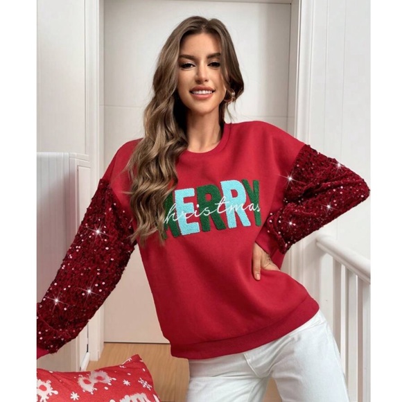 Merry Christmas Embroidered Sequin Sleeve Round Neck Sweater - Picture 5 of 8